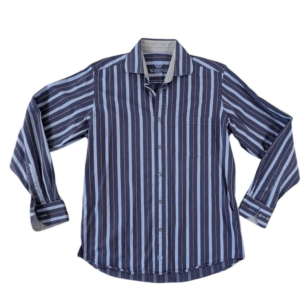 Bugatchi Uomo Mens Navy Blue Striped Long Sleeve Button Down Shirt Size Medium